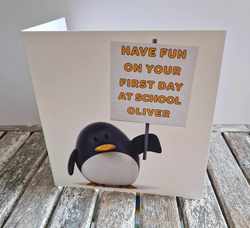 Personalised Penguin Card. First Day at School