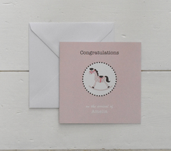 Personalised New Baby/Birth card. Rocking Horse. Pink or Blue.